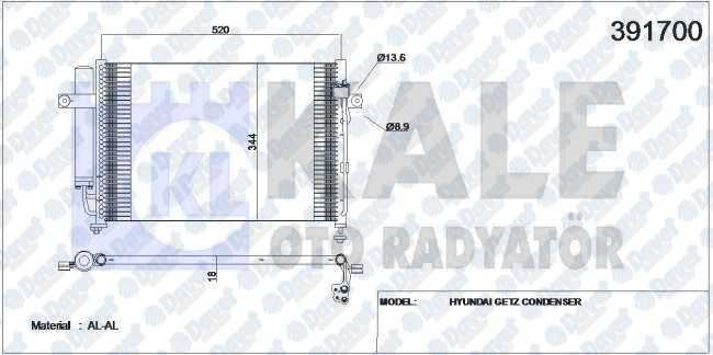 KALE 391700 Klima Radyatoru Getz (Al/Al) (540x345x18) (Kurutucu Ile)